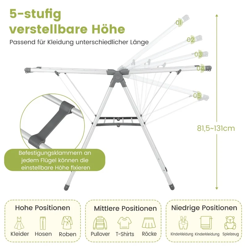 Costway - Wäscheständer Klappbar, mit 5-stufiger Höhenverstellung, Wäscheständer Platzsparend, 21 Wäschestangen, 10 Seitenklammern, Silber