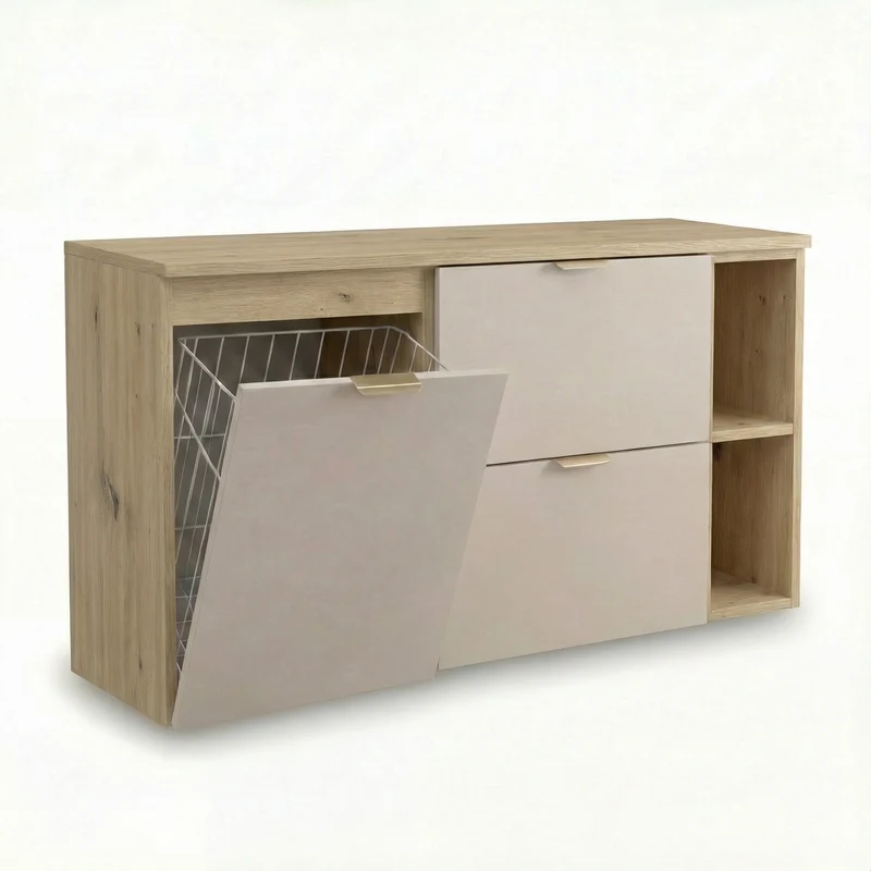 Waschtischunterschrank 120 cm mit Wäschekorb und Regal Orio - Kaschmir/Eiche artisan