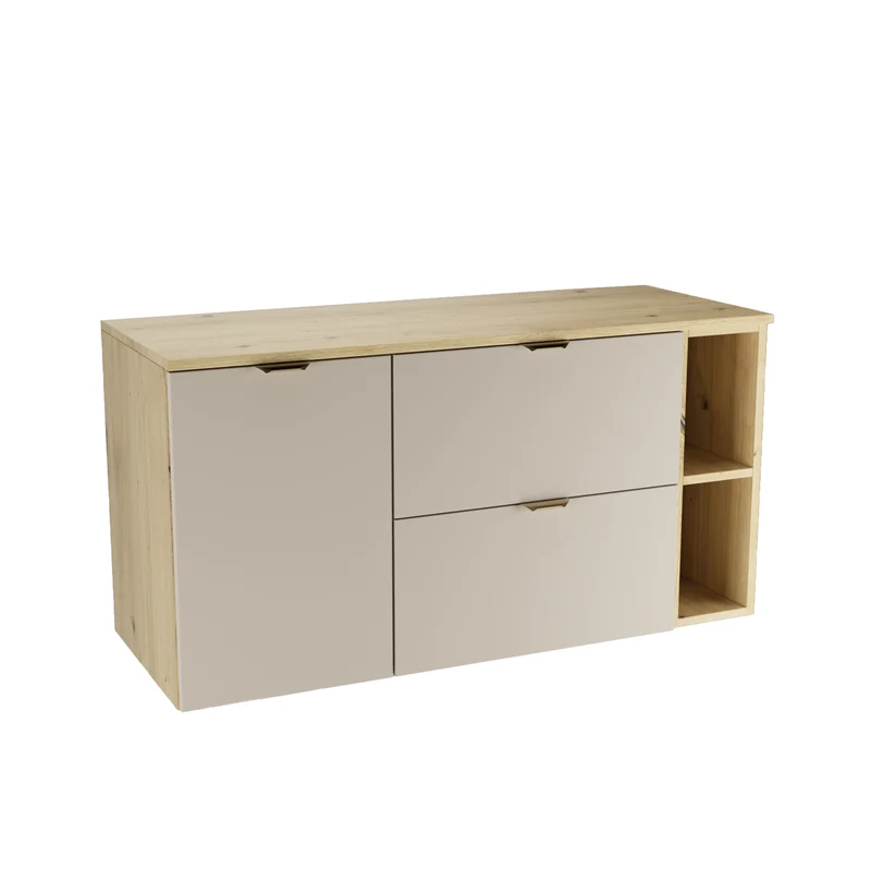 Waschtischunterschrank 120 cm mit Wäschekorb und Regal Orio - Kaschmir/Eiche artisan