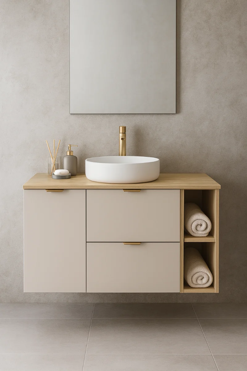Waschtischunterschrank 120 cm mit Wäschekorb und Regal Orio - Kaschmir/Eiche artisan