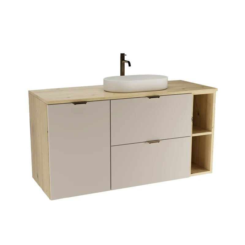 Waschtischunterschrank 120 cm mit Wäschekorb und Regal Orio - Kaschmir/Eiche artisan