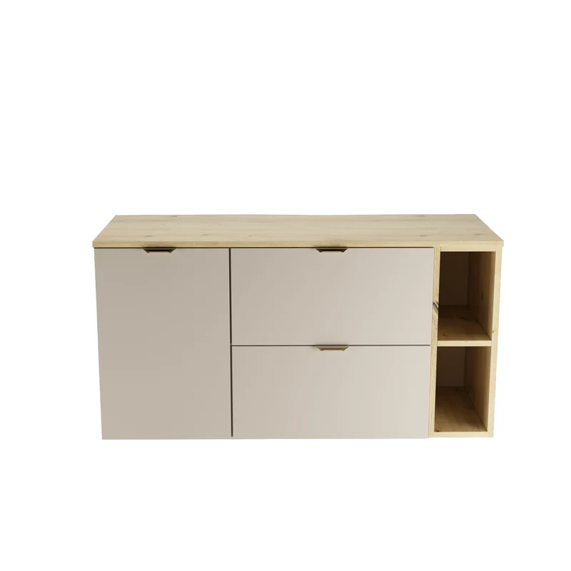 Waschtischunterschrank 120 cm mit Wäschekorb und Regal Orio - Kaschmir/Eiche artisan