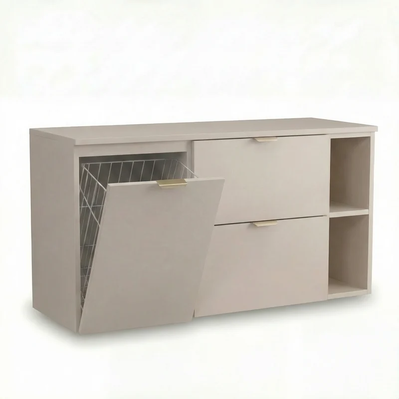 Waschtischunterschrank 120 cm mit Wäschekorb und Regal Orio - Kaschmir