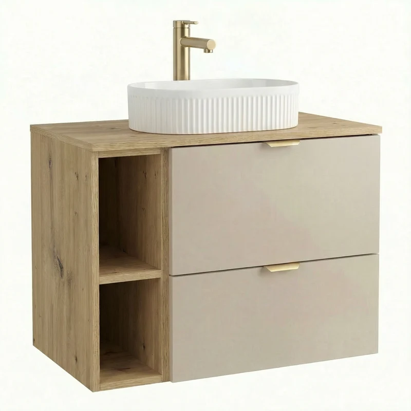 Badmöbel-Set: 80 cm Waschtischunterschrank mit Waschbecken Orio - Kaschmir/Eiche artisan