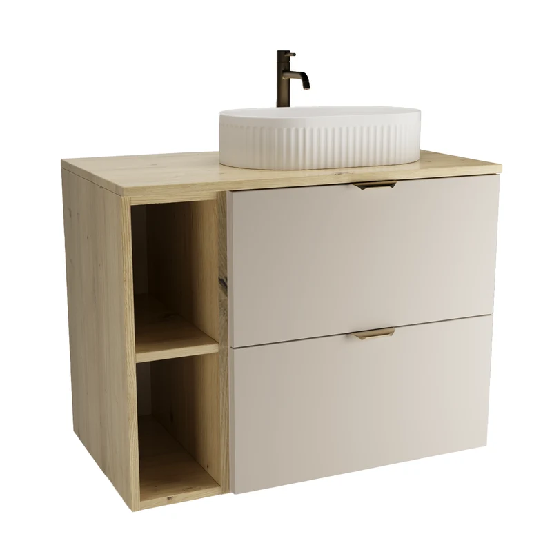 Badmöbel-Set: 80 cm Waschtischunterschrank mit Waschbecken Orio - Kaschmir/Eiche artisan