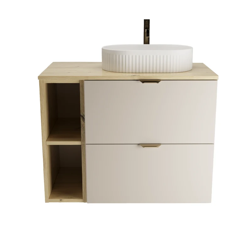 Badmöbel-Set: 80 cm Waschtischunterschrank mit Waschbecken Orio - Kaschmir/Eiche artisan