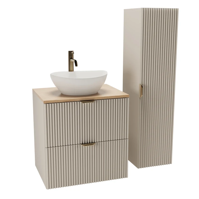 Badmöbel-Set: 60 cm Schrank und Bad Hochschrank Willy - Kaschmir, Walnussplatte