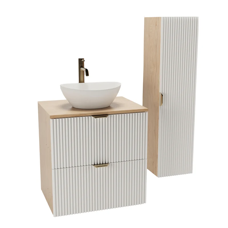 Badmöbel-Set: 60 cm Schrank und Bad Hochschrank Willy - Weiß/Walnuss