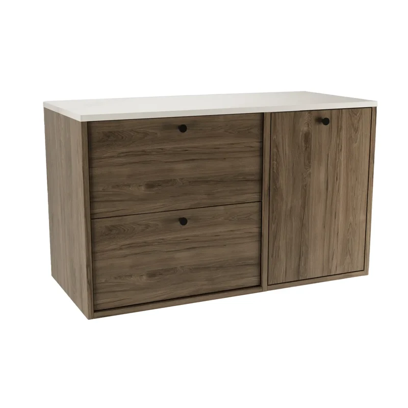 Waschtischunterschrank 100 cm mit Wäschekorb Belino - Walnuss Dunkel/Marmor Bianco