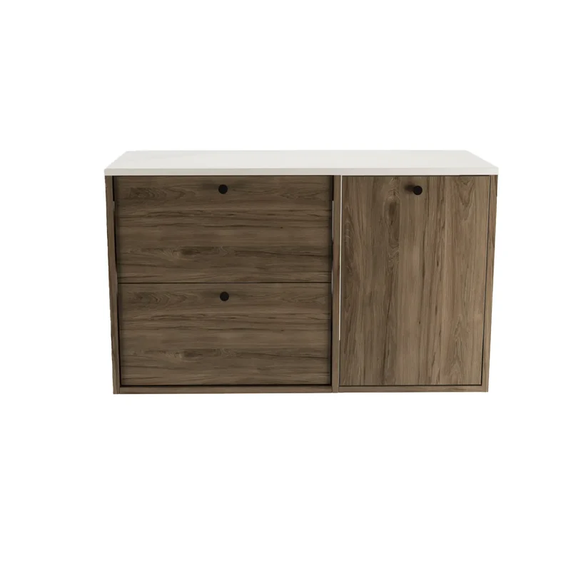 Waschtischunterschrank 100 cm mit Wäschekorb Belino - Walnuss Dunkel/Marmor Bianco