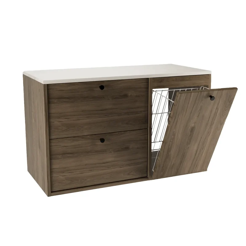Waschtischunterschrank 100 cm mit Wäschekorb Belino - Walnuss Dunkel/Marmor Bianco