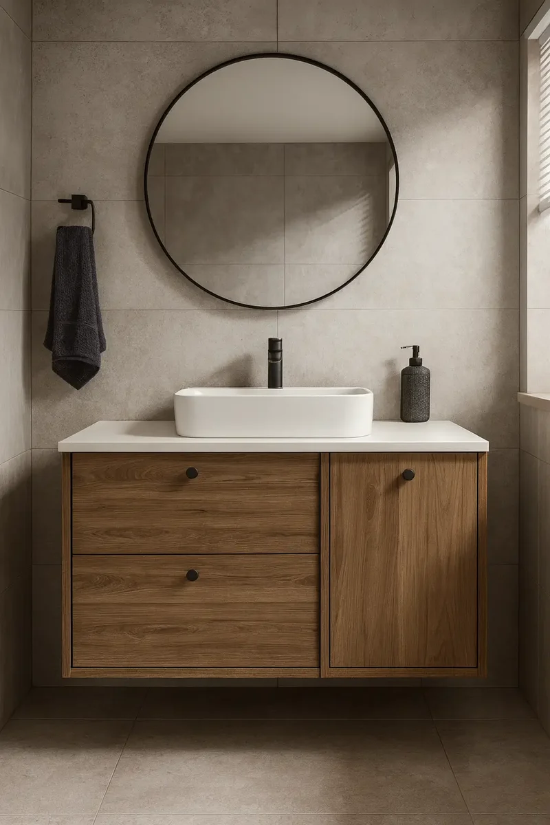 Waschtischunterschrank 100 cm mit Wäschekorb Belino - Walnuss Dunkel/Marmor Bianco