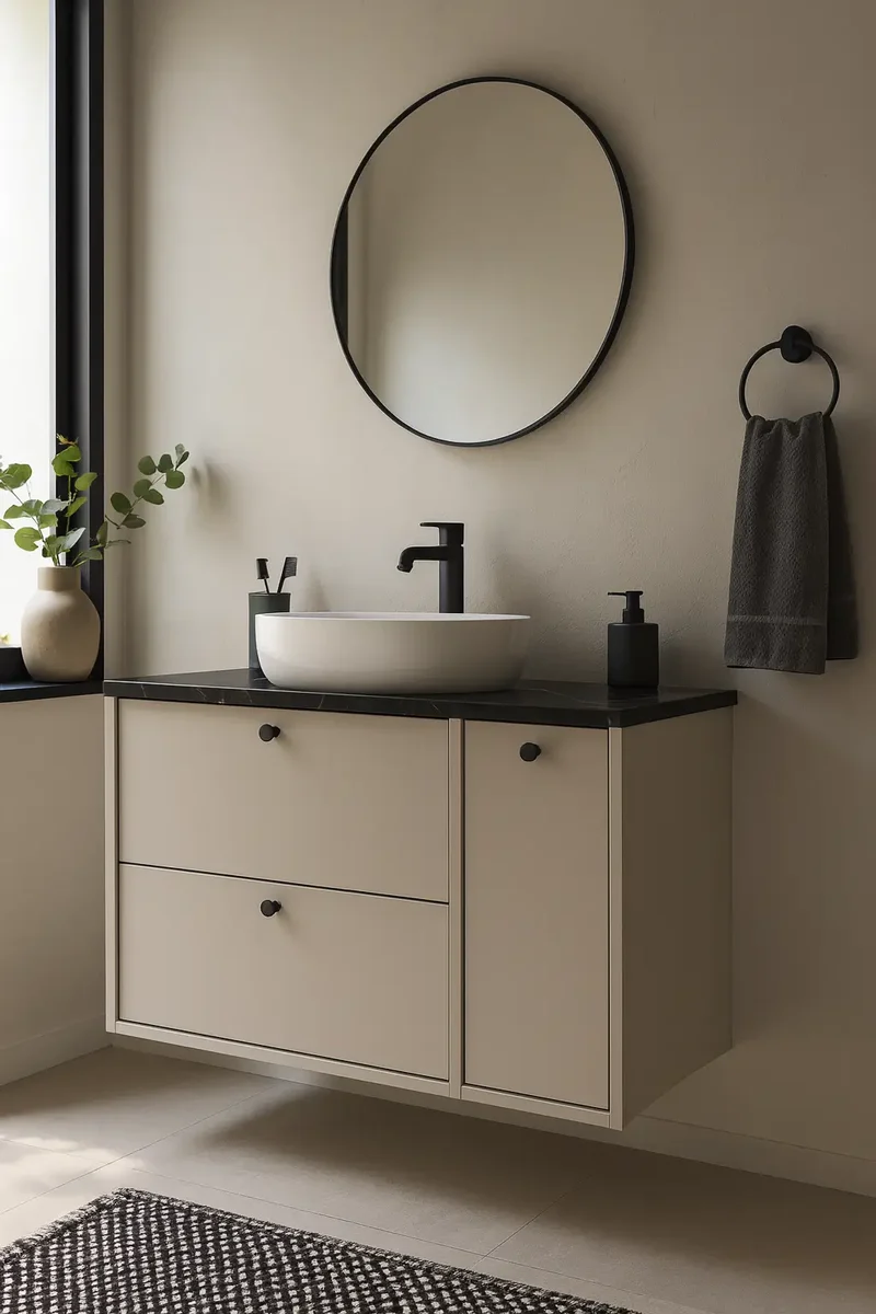Waschtischunterschrank 100 cm mit Wäschekorb Belino - Kaschmir/Marmor Schwarz