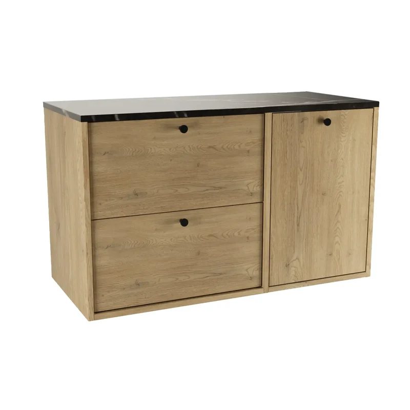 Waschtischunterschrank 100 cm mit Wäschekorb Belino - Eiche Cremona/Marmor Schwarz