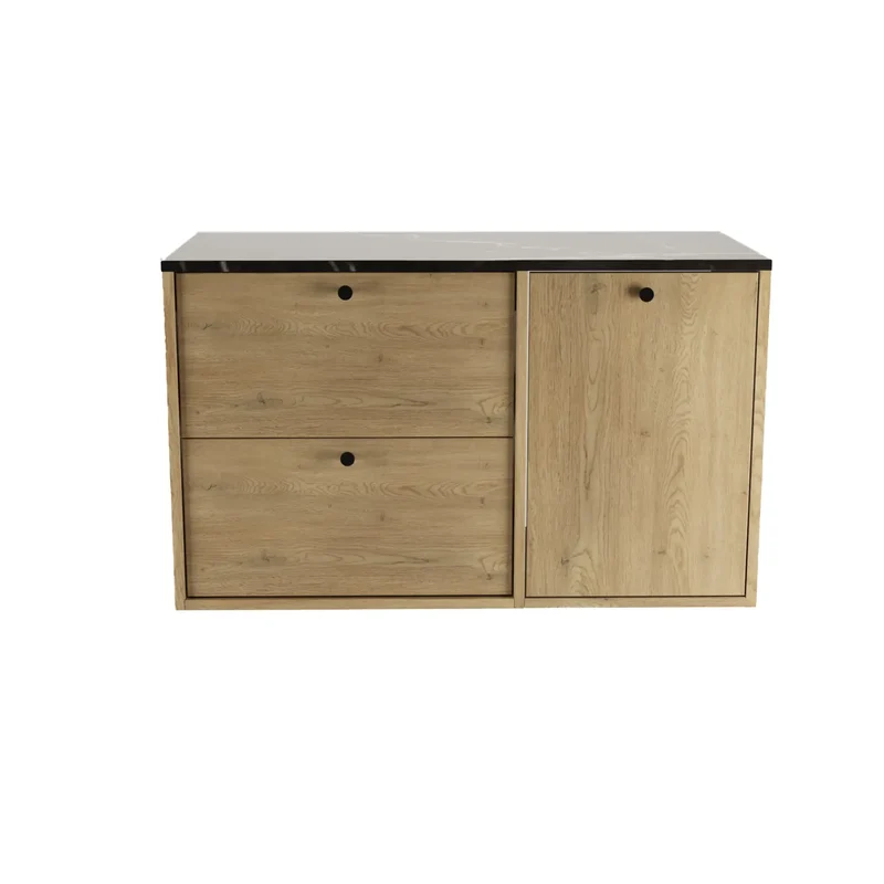 Waschtischunterschrank 100 cm mit Wäschekorb Belino - Eiche Cremona/Marmor Schwarz