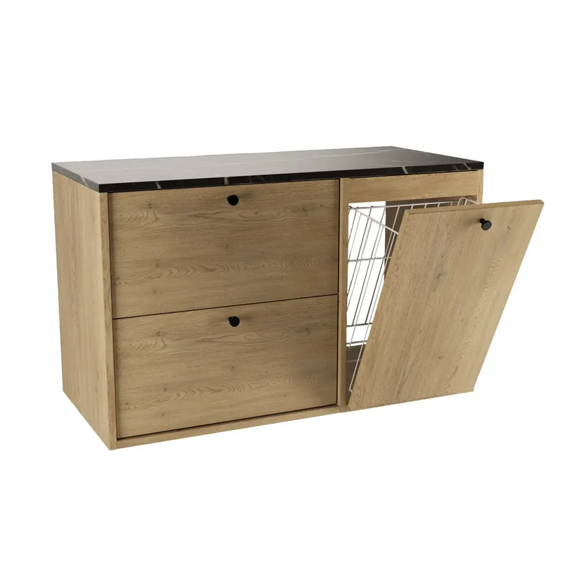 Waschtischunterschrank 100 cm mit Wäschekorb Belino - Eiche Cremona/Marmor Schwarz