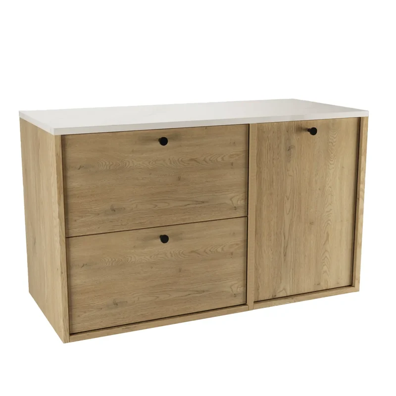 Waschtischunterschrank 100 cm mit Wäschekorb Belino - Eiche Cremona/Marmor Bianco