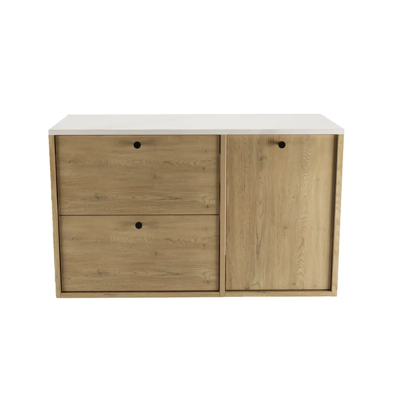 Waschtischunterschrank 100 cm mit Wäschekorb Belino - Eiche Cremona/Marmor Bianco