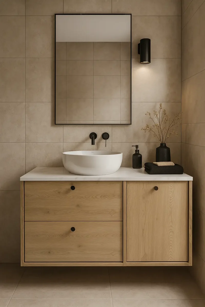 Waschtischunterschrank 100 cm mit Wäschekorb Belino - Eiche Cremona/Marmor Bianco