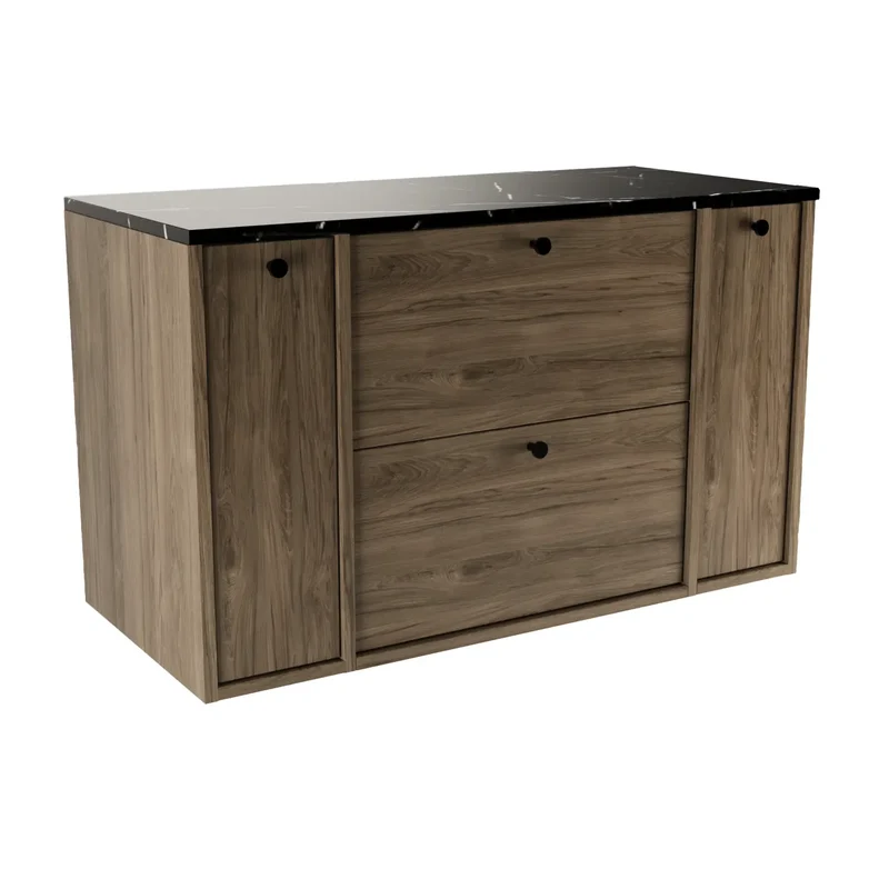 Waschtischunterschrank 100 cm mit 2 Regal, glatte Fronten Belino - Walnuss Dunkel/Marmor Schwarz