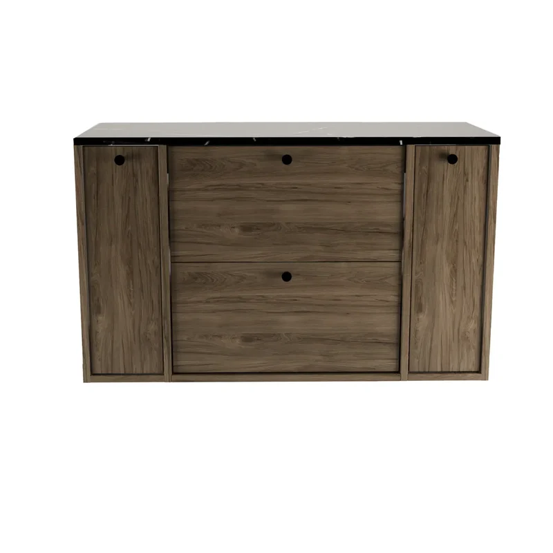 Waschtischunterschrank 100 cm mit 2 Regal, glatte Fronten Belino - Walnuss Dunkel/Marmor Schwarz