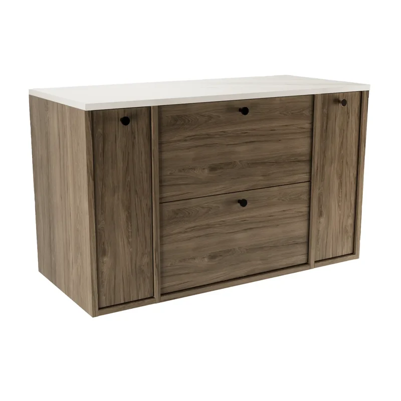 Waschtischunterschrank 100 cm mit 2 Regal, glatte Fronten Belino - Walnuss Dunkel/Marmor Bianco
