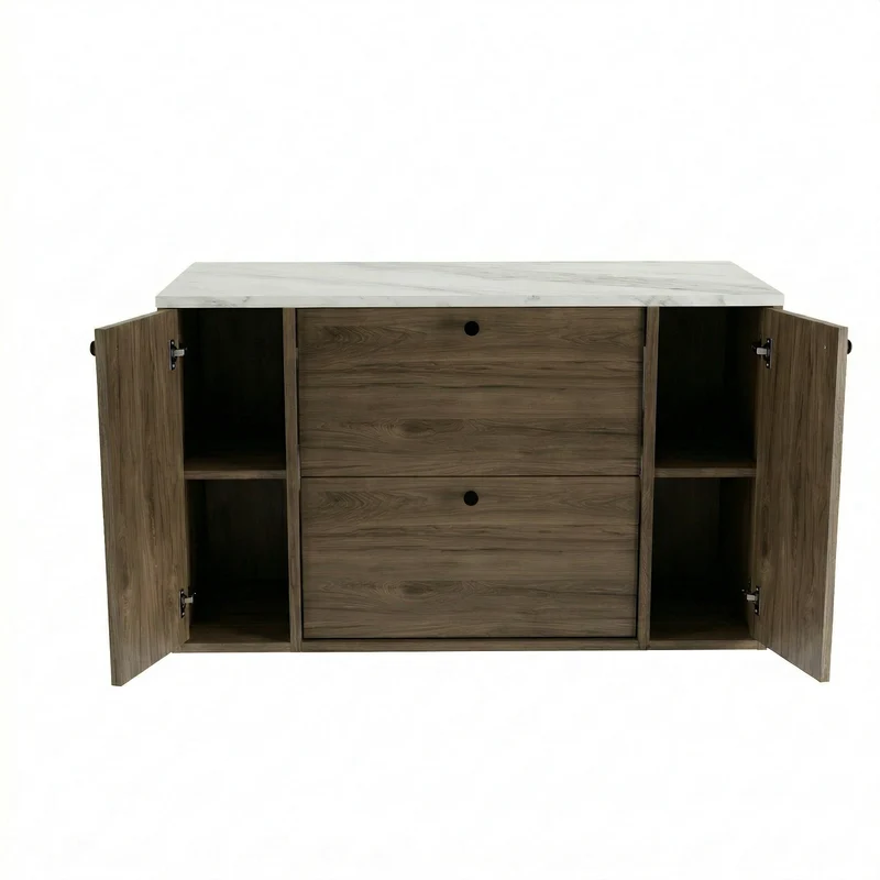 Waschtischunterschrank 100 cm mit 2 Regal, glatte Fronten Belino - Walnuss Dunkel/Marmor Bianco