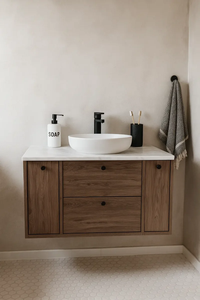 Waschtischunterschrank 100 cm mit 2 Regal, glatte Fronten Belino - Walnuss Dunkel/Marmor Bianco