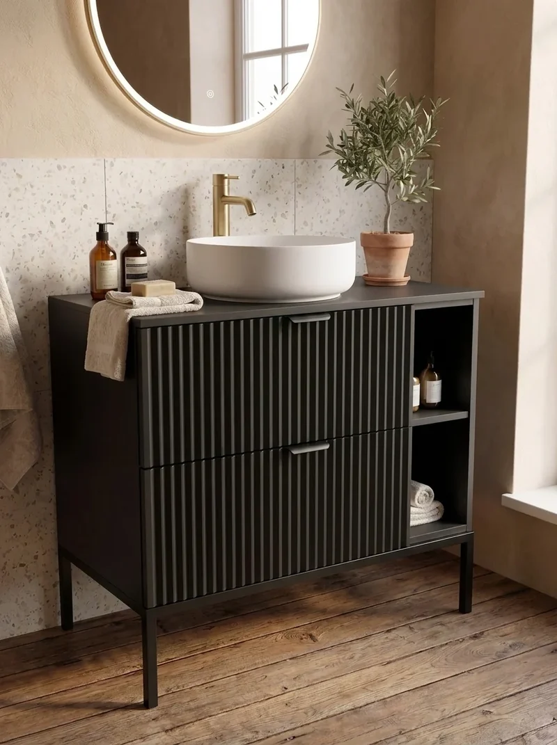 Waschtischunterschrank mit Regal 80 cm auf einem Metallgestell Willy - Schwarz