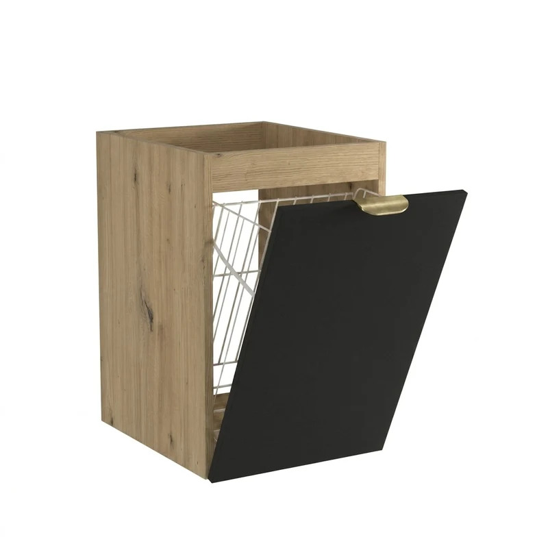 Badezimmerschrank 40 cm mit Wäschekorb Orio - Schwarz/Eiche artisan
