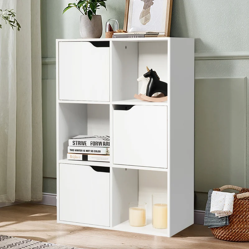 Costway - Bücherregal, Freistehendes Regal mit Türen aus Holz, Bücherregal mit 3 Offenen & 3 Geschlossenen Fächern