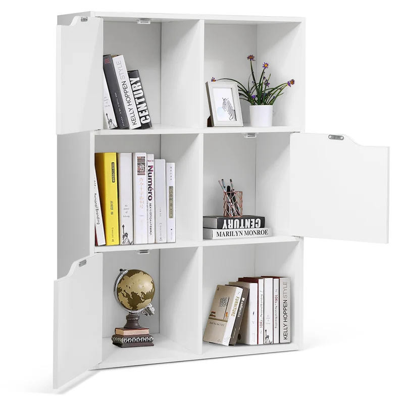 Costway - Bücherregal, Freistehendes Regal mit Türen aus Holz, Bücherregal mit 3 Offenen & 3 Geschlossenen Fächern