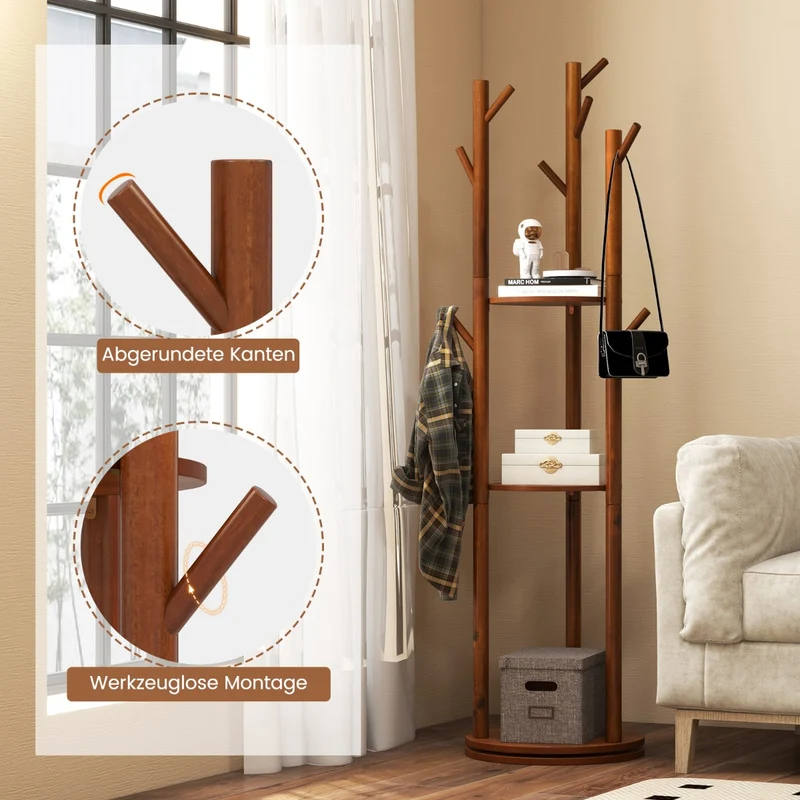Costway – Drehbarer Garderobenständer aus Holz mit 3 Ablagen und 9 Haken, 42 × 167 cm, Walnuss