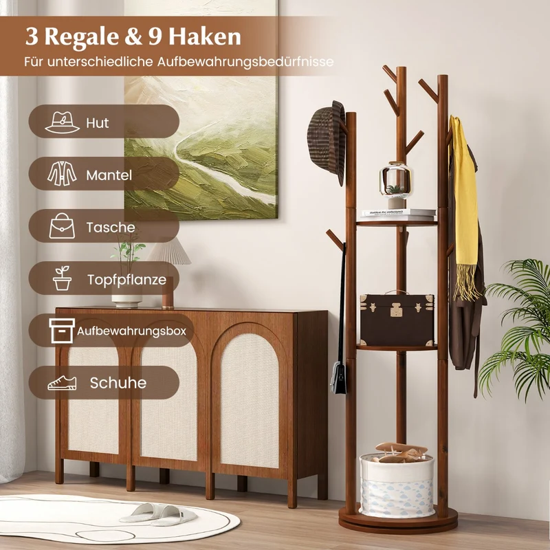Costway – Drehbarer Garderobenständer aus Holz mit 3 Ablagen und 9 Haken, 42 × 167 cm, Walnuss