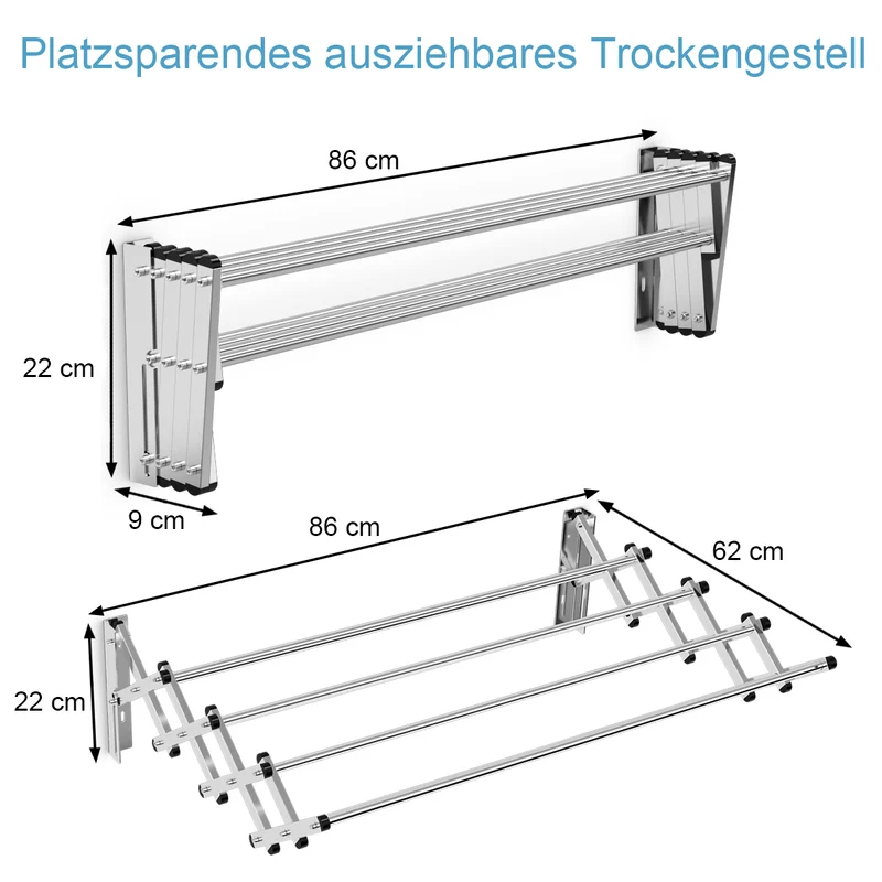 Costway – Ausziehbarer Wandwäscheständer mit 8 Stangen, bis 25 kg, Edelstahl, 86 × 64 × 22 cm