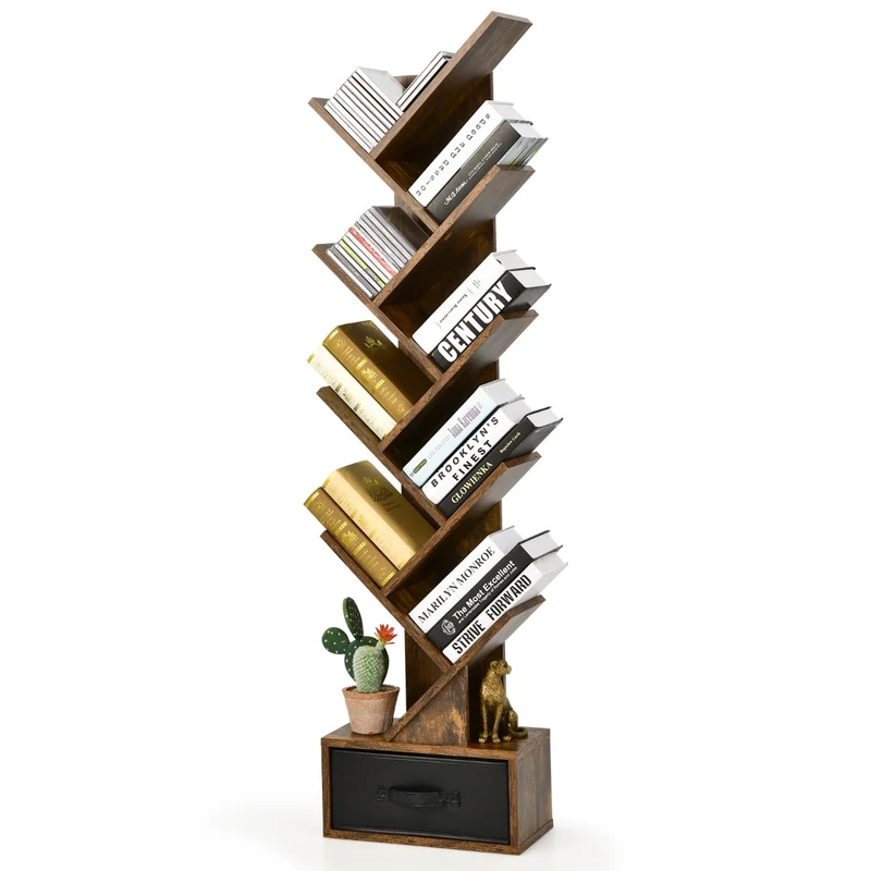 Costway – Baumförmiges Bücherregal mit 10 Ablagen und Schublade, 38 × 21,5 × 149,5 cm, Rustikales Braun