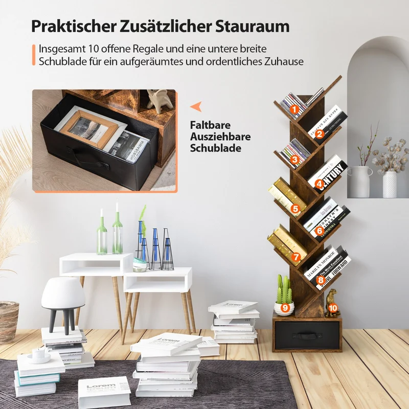 Costway – Baumförmiges Bücherregal mit 10 Ablagen und Schublade, 38 × 21,5 × 149,5 cm, Rustikales Braun
