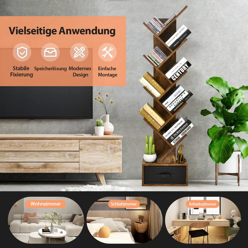 Costway – Baumförmiges Bücherregal mit 10 Ablagen und Schublade, 38 × 21,5 × 149,5 cm, Rustikales Braun