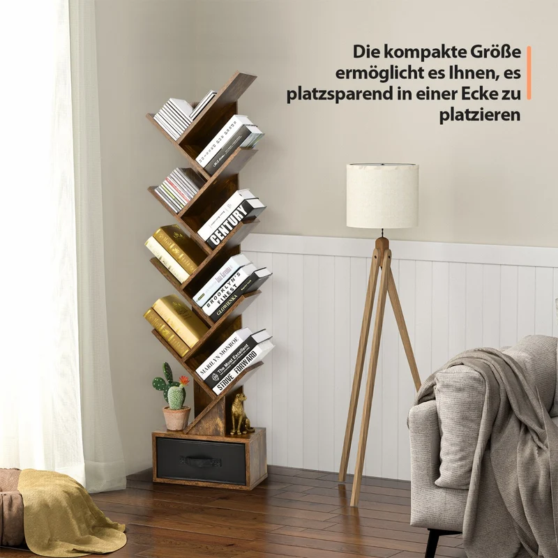 Costway – Baumförmiges Bücherregal mit 10 Ablagen und Schublade, 38 × 21,5 × 149,5 cm, Rustikales Braun
