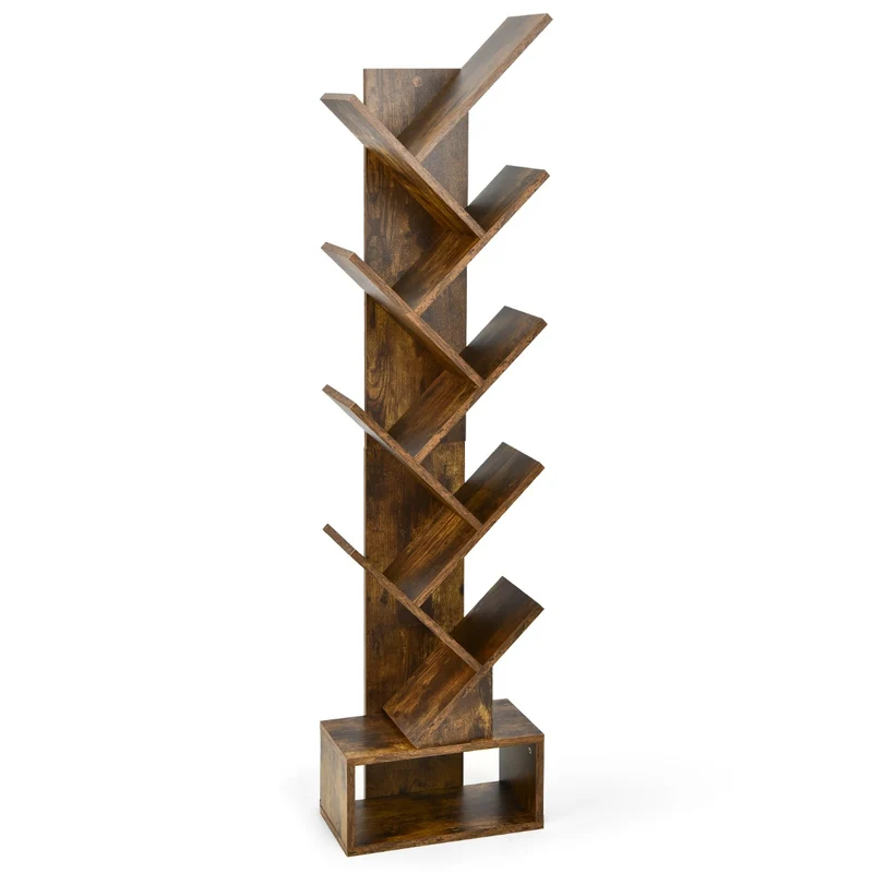 Costway – Baumförmiges Bücherregal mit 10 Ablagen und Schublade, 38 × 21,5 × 149,5 cm, Rustikales Braun