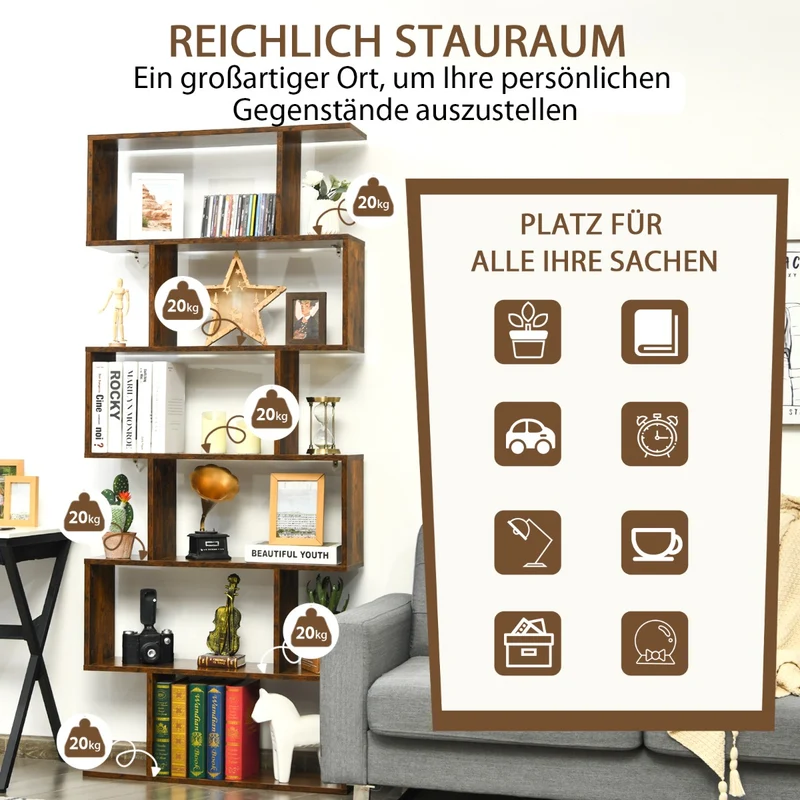 Costway – S-förmiges Bücherregal mit 6 Ebenen, freistehend oder zur Wandmontage, Weiß/Schwarz