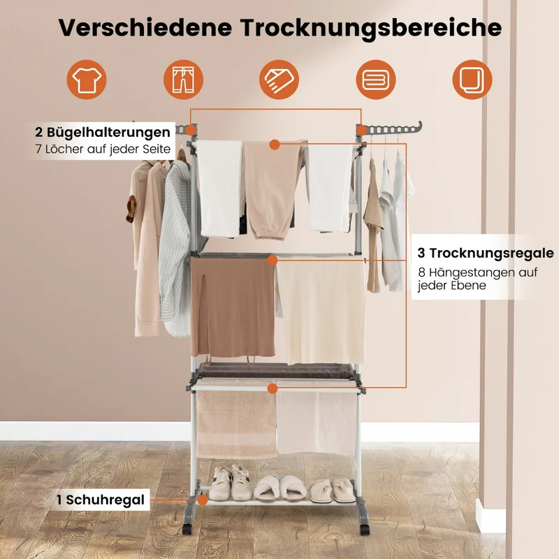 Costway – Klappbarer Turmwäscheständer mit Seitenflügeln, Schuhablage und Rollen, Grau.