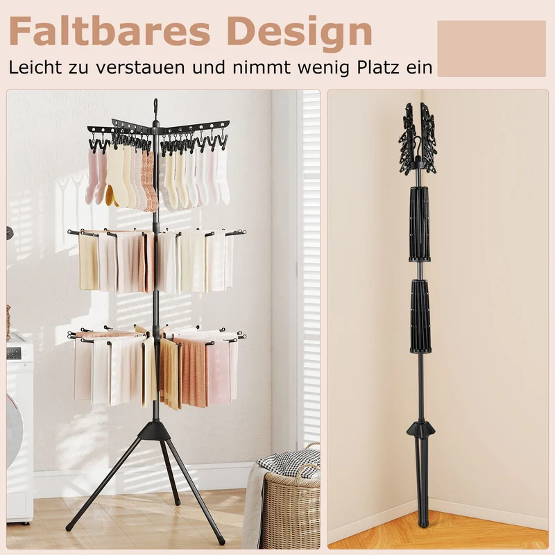 Costway – 3-stufiger, klappbarer Wäscheständer-Turm, 178 cm hoch, mit 24 Clips und 32 Stangen, Schwarz