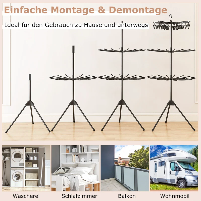 Costway – 3-stufiger, klappbarer Wäscheständer-Turm, 178 cm hoch, mit 24 Clips und 32 Stangen, Schwarz