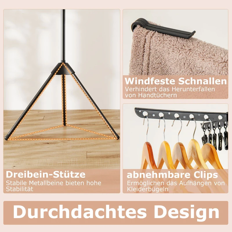 Costway – 3-stufiger, klappbarer Wäscheständer-Turm, 178 cm hoch, mit 24 Clips und 32 Stangen, Schwarz