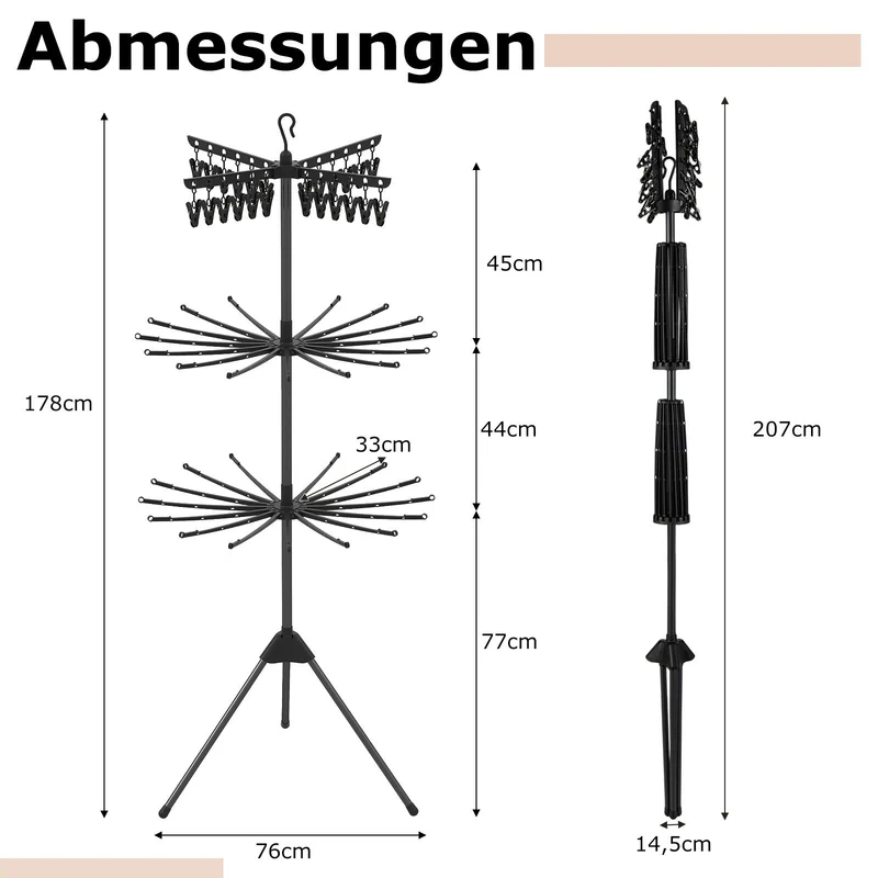 Costway – 3-stufiger, klappbarer Wäscheständer-Turm, 178 cm hoch, mit 24 Clips und 32 Stangen, Schwarz