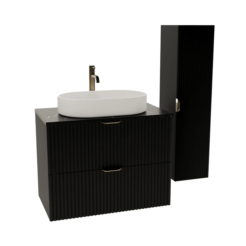 Badmöbel-Set: 80 cm Schrank und Bad Hochschrank Willy - Schwarz/Marmor Royal Schwarz-Platte