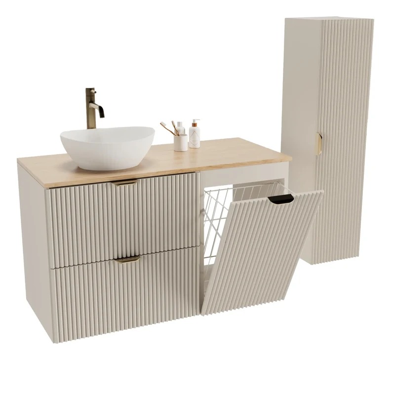 Badmöbel-Set: 100 cm Schrank mit Wäschekorb und Bad Hochschrank Willy - Kaschmir, Walnussplatte