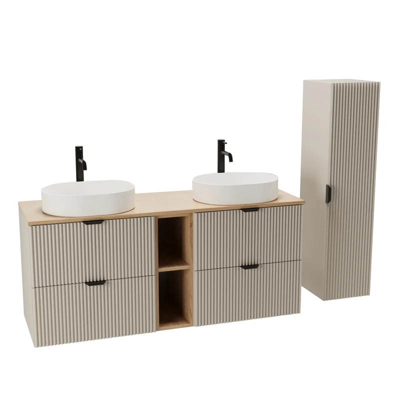 Badmöbel-Set: 140 cm Schrank mit Regal und Bad Hochschrank Willy - Kaschmir, Walnussplatte, Walnuss Regal