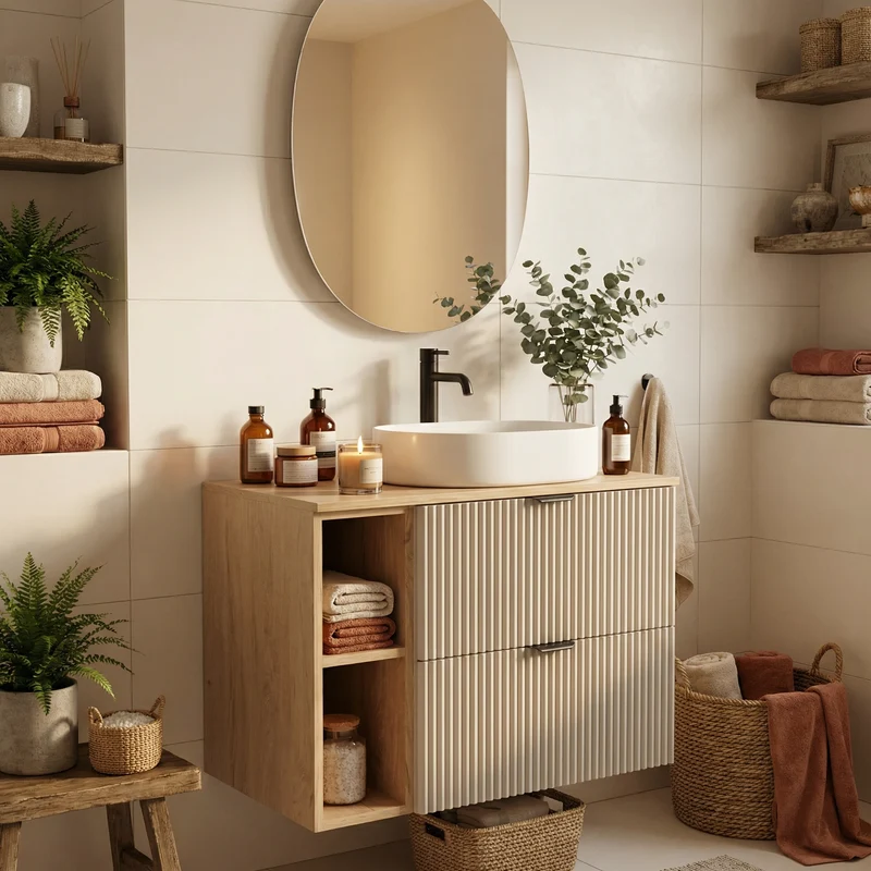 Badmöbel-Set: 80 cm Schrank mit Regal Willy - Kaschmir/Walnuss